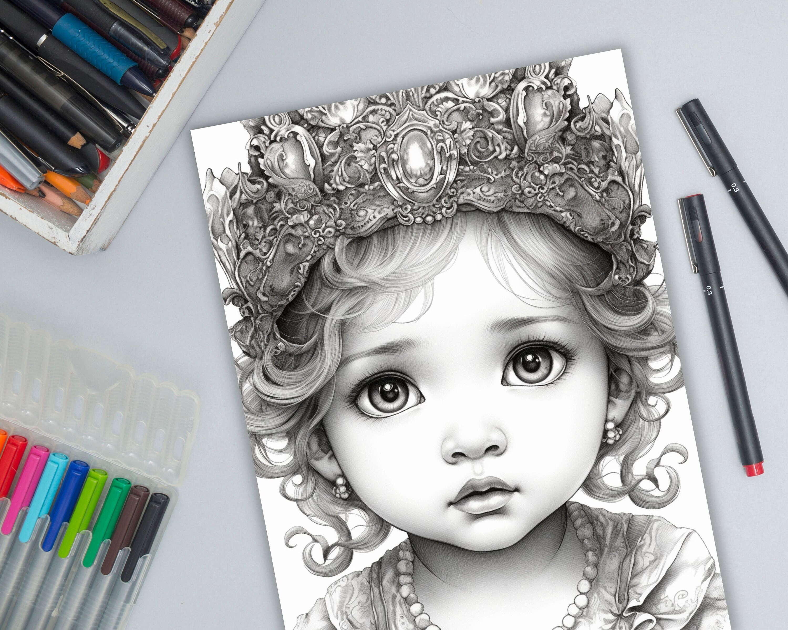 Princess Coloring Pages Book, Cute Princess Grayscale Coloring Book ...