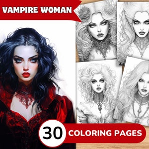 Páginas para colorear de vampiros, Libro para colorear de vampiros, Colorear en escala de grises de vampiros, Libro para colorear de mujeres, Páginas para colorear de mujeres