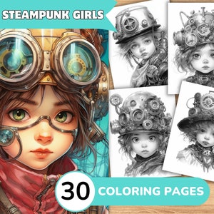 Steampunk Girls Coloring Pages Book, Steampunk Coloring Digital, Grayscale Coloring Book, Coloring Template Grayscale