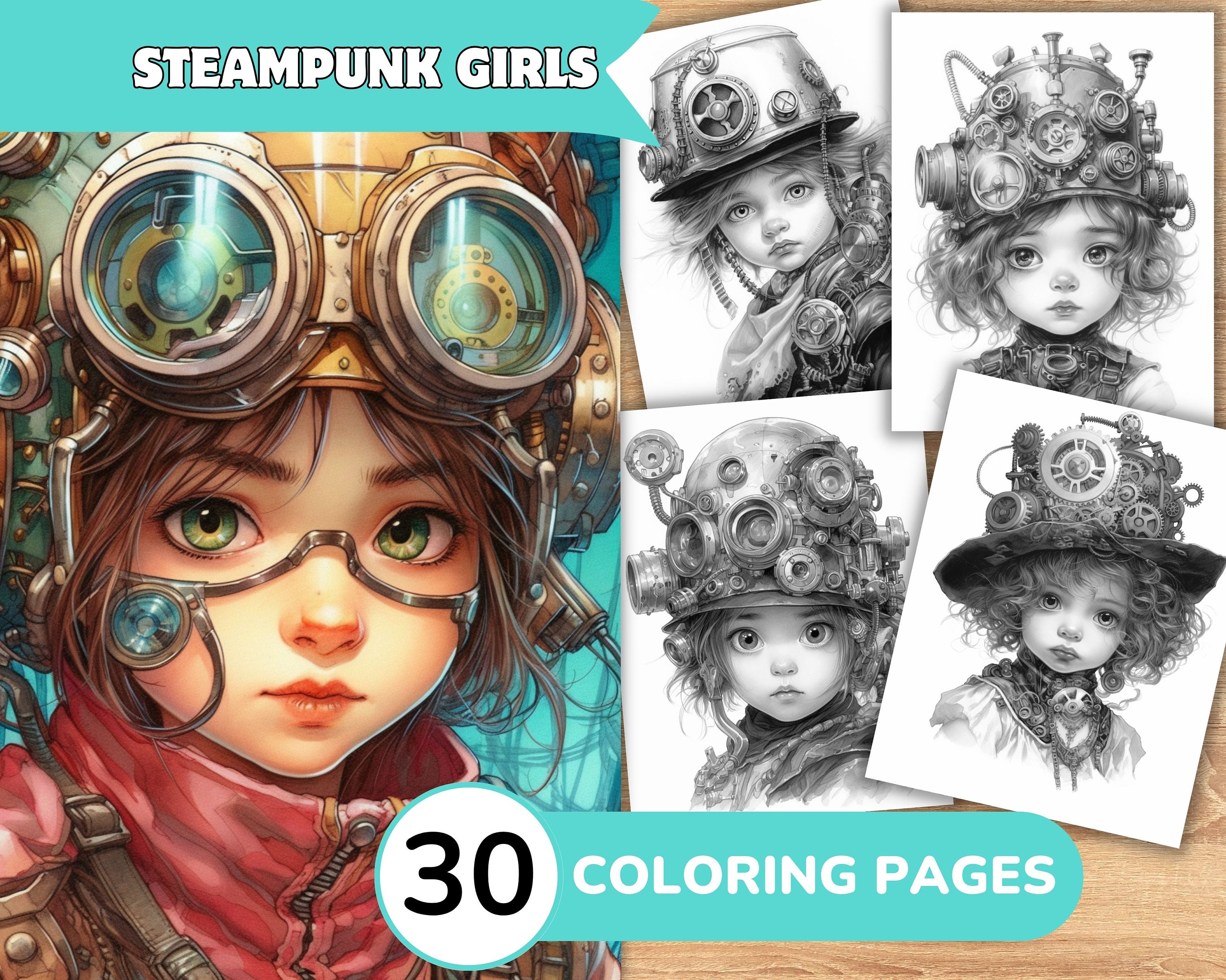 Steampunk Girls Coloring Pages Book, Steampunk Coloring Digital ...