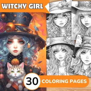 Witch Coloring Pages, Witch Coloring Book, Witch Grayscale Coloring, Girl Coloring Book, Girl Grayscale Coloring