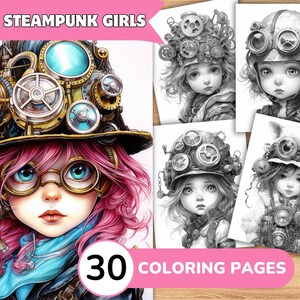 Steampunk Girls Coloring Pages Book, Steampunk Coloring Digital, Grayscale Coloring Book, Coloring Template Grayscale