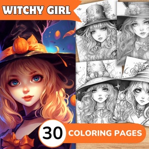 Witch Coloring Pages, Witch Coloring Book, Witch Grayscale Coloring, Girl Coloring Book, Girl Grayscale Coloring