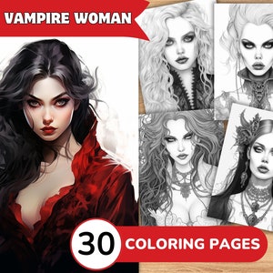 Páginas para colorear de vampiros, Libro para colorear de vampiros, Colorear en escala de grises de vampiros, Libro para colorear de mujeres, Páginas para colorear de mujeres