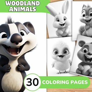 Woodland Animal Coloring Book, Forest Animal Coloring Pages, Cute Animal Grayscale Coloring Book, Coloring Template Grayscale Digital