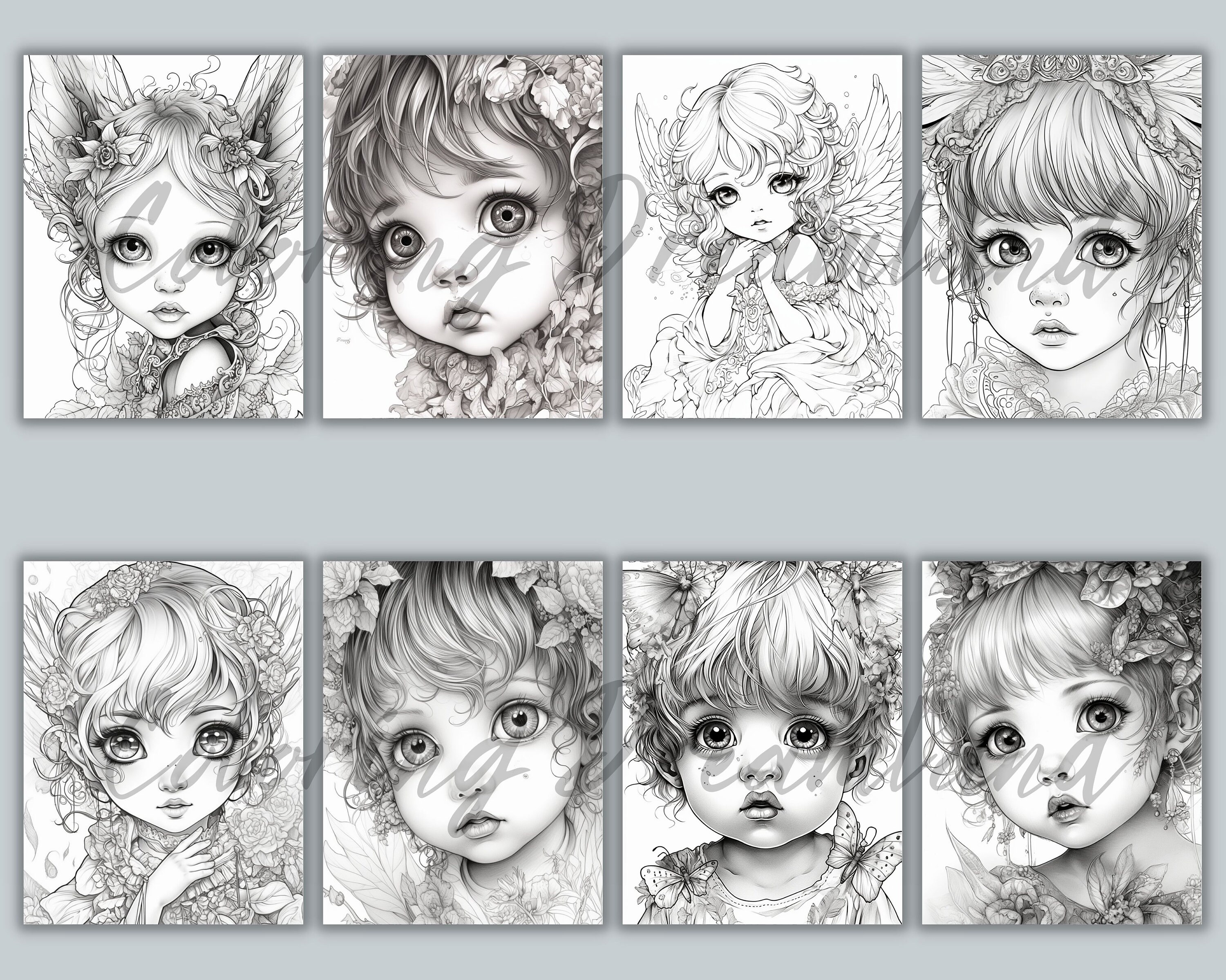 Cute Fairy Coloring Pages Book, Fairy Grayscale Coloring Book, Baby ...