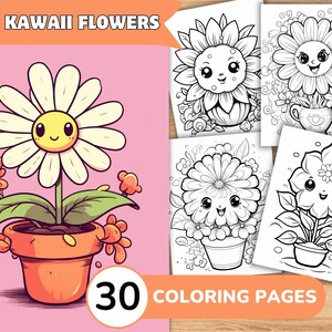 Kawaii Coloring Pages, Kawaii Coloring Book, Kawaii Flower Coloring, Beautiful Flower Coloring, Floral Coloring Book