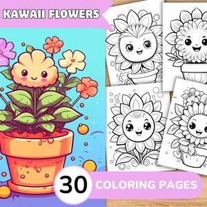 Kawaii kleurplaten, Kawaii kleurboek, Kawaii bloemkleuring, prachtige bloemkleuring, bloemenkleurboek