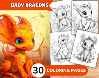 Dragon Coloring Pages Book, Cute Dragon Grayscale Coloring Book, Dragon Coloring, Coloring Template Grayscale Digital