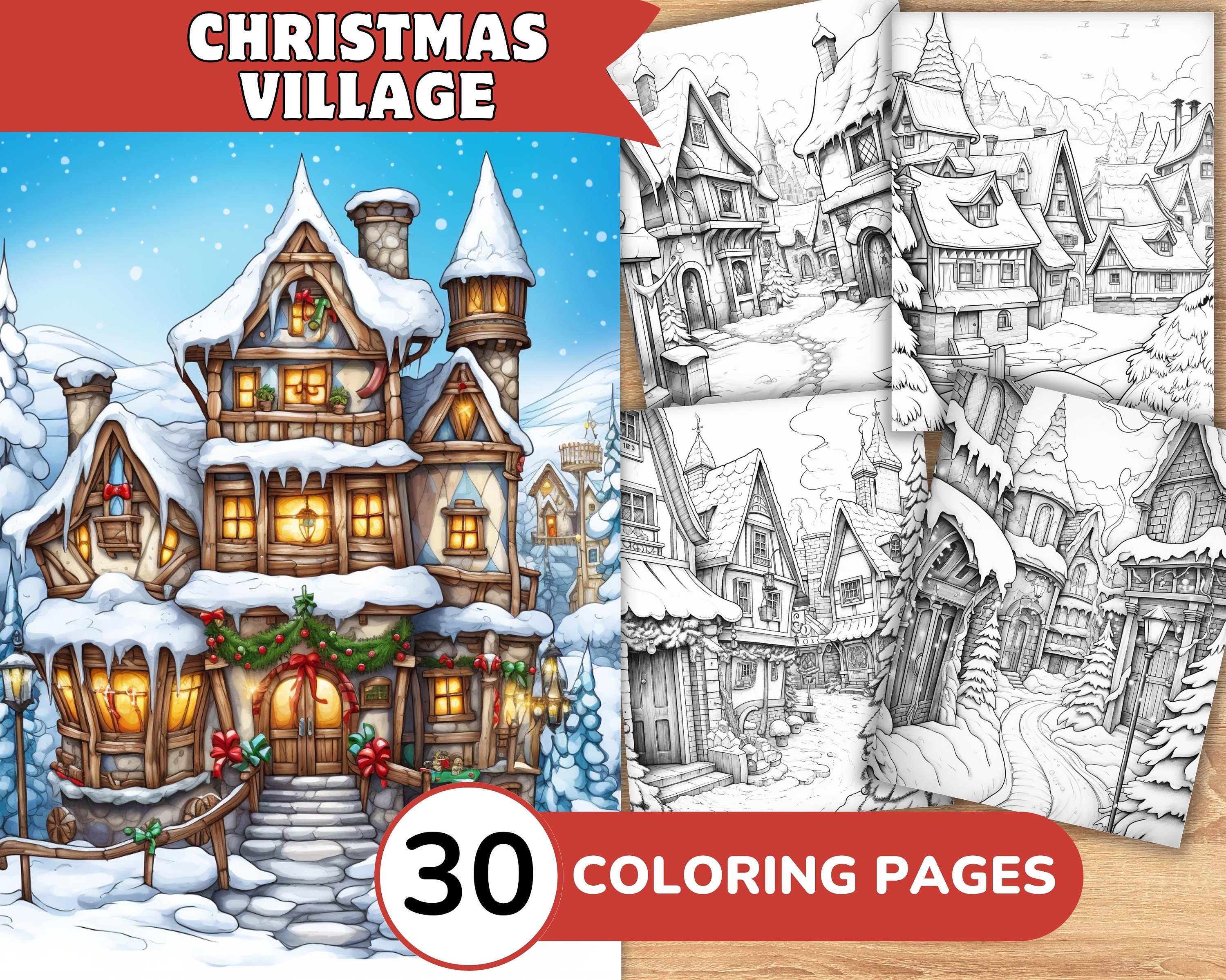 Christmas Village Coloring Pages, Winter Village Coloring Book ...