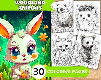 Woodland Animal Coloring Book, Forest Animal Coloring Pages, Cute Animal Grayscale Coloring Book, Coloring Template Grayscale Digital