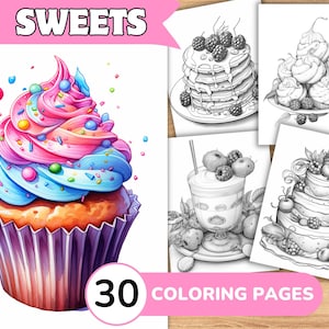 Sweet Coloring Pages Book, Sweet Grayscale Coloring Book, Sweet Coloring Grayscale, Food Coloring Digital, Cake Coloring