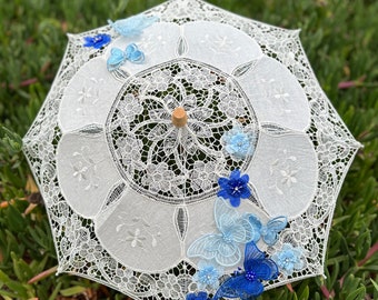 Vintage Lace Umbrella-Beige Lace Parasol with Butterflies-Burning Man Parasol-Wedding Gift Sun Umbrella-Wedding Decoration-Vintage Parasol
