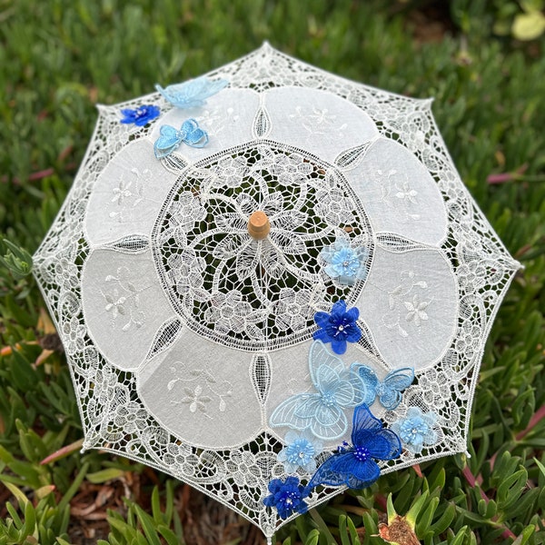 Vintage Lace Umbrella-Beige Lace Parasol with Butterflies-Burning Man Parasol-Wedding Gift Sun Umbrella-Wedding Decoration-Vintage Parasol