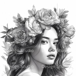 Flower Girl Coloring Page -  Coloring Printables - Greyscale Colouring Pages - Coloring Pages Cute - Digital Coloring - Coloring For Adults