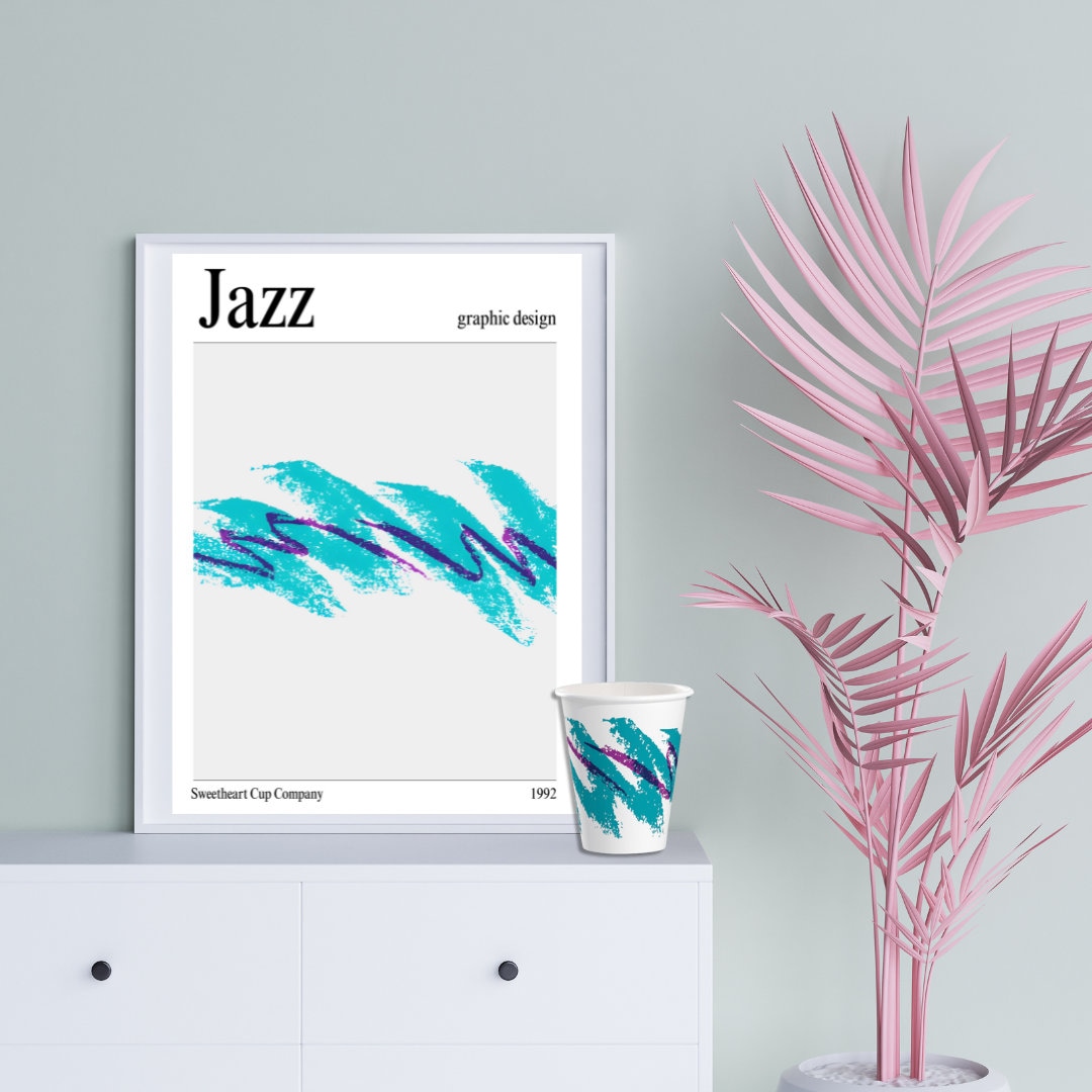 90s Jazz Paper Cup Poster Design Teal and Purple Digital Download Art ...