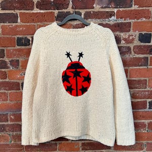 May include: Cream-colored sweater with a large red and black ladybug design on the front. The ladybug has black star accents and antennae. The sweater is hanging on a gray hanger against a brick wall.