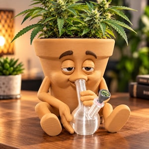 May include: A tan, anthropomorphic terracotta-style planter with a sleepy facial expression, featuring arms and legs. The planter holds a green plant and is depicted holding a clear, transparent glass water pipe with a grey bowl containing green herbs.