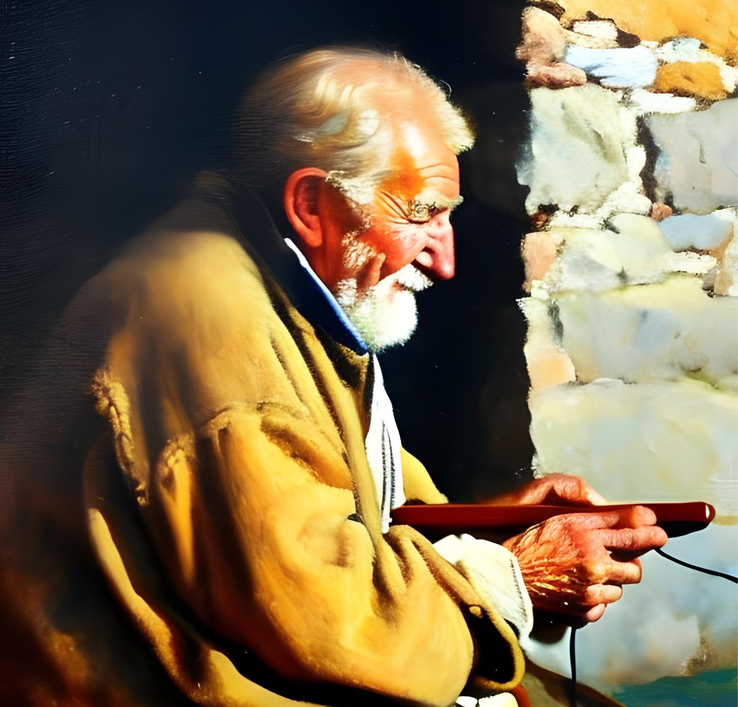 Old Man Listening to Music Wall Print. Digital Art Old Man Real