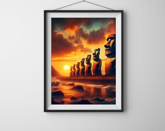 Easter Island Moai Statues at Sunset - Digital Print, Polynesian Art, Maori Culture, Landscape Photography, Sunset Wall Art Download