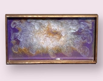 Plateau en bois violet, or et blanc avec poignées, fête des mères, cadeau, plateau en résine