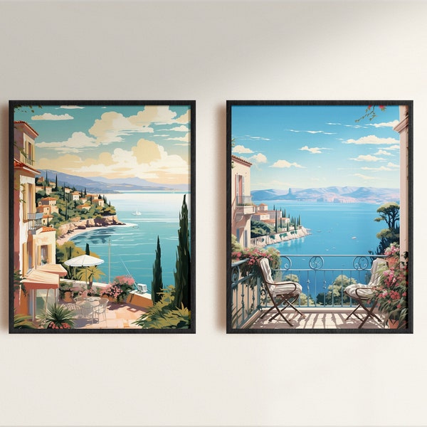 French Riviera Wall Decor Mediterranean Sea Digital Print Côte d'Azur Panorama Landscape Brunch Scene Lunch Sunset Art IKEA Frame Gift