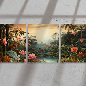 Set von 3 äquatorialen Dschungel Sonnenuntergang Digitaldruck dunkelgrün Triptychon Botanische Wanddekoration Henri Rousseau Art Emerald Green Art Deco Interior