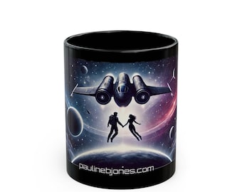 Space Starship with Astronaut Silhouettes Mug | Cosmic Planets | Romantic SciFi Coffee Cup