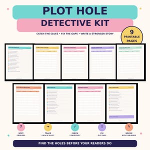 May include: A Plot Hole Detective Kit featuring 9 printable pages with various tracking charts and checklists. The text includes 'PLOT HOLE DETECTIVE KIT', 'CATCH THE CLUES', 'FIX THE GAPS', 'WRITE A STRONGER STORY', and 'FIND THE HOLES BEFORE YOUR READERS DO'.