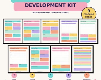 Kit de développement de personnages à imprimer | Fiches de travail sur le profil et l'évolution des personnages | Planificateur d'écriture de roman | Cahier d'exercices pour écrivain de fiction | PDF pour auteurs