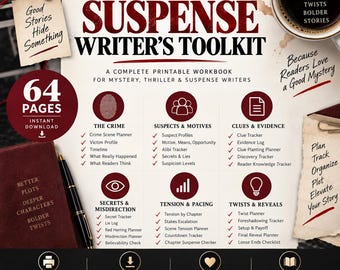 Cahier d'exercices d'écriture de suspense | Planificateur de roman policier | Kit de 64 pages pour auteurs de romans policiers | Fiches d'exercices sur les indices, les suspects, les fausses pistes et les rebondissements
