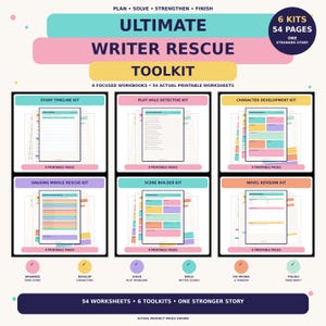 Peut inclure: Le Ultimate Writer Rescue Toolkit comprend 6 kits et 54 feuilles de travail imprimables. Il contient un Story Timeline Kit, Plot Hole Detective Kit, Character Development Kit, Sagging Middle Rescue Kit, Scene Builder Kit et Novel Revision Kit.