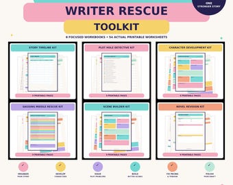 Kit de secours pour écrivains | Ensemble d'écriture et de révision de romans | 54 feuilles de travail imprimables | Planificateur d'intrigue, de personnages et de scènes | Cahier d'exercices pour auteurs