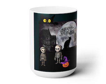 Mug noir collector en édition limitée « Poupées vaudou » avec chat hanté d'Halloween et amoureux des livres, 44 cl