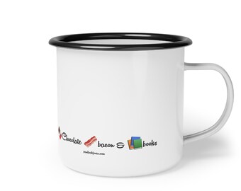 Schokolade, Bacon und Bücher Emaille Lagertasse | Camping Becher, Outdoor Küchengeschirr