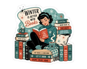Autocollant prédécoupé « L'hiver est plus beau avec des livres » | Amoureux des livres rétro et douillet