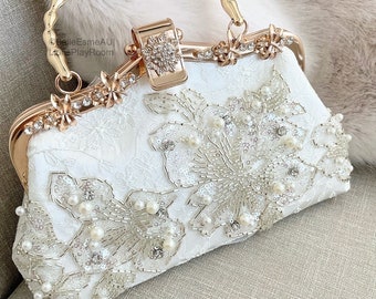 Pochette de mariée, pochette de mariée blanche, sac en perles | sac à main de mariée, sac de mariée, sac à main de demoiselle d'honneur, sac à main de soirée