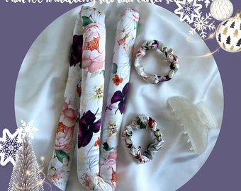 Mulberry Silk Hair Curler Set, Floral Print, with Scrunchies & Hair Claw. Bouncy glossy hair without heat