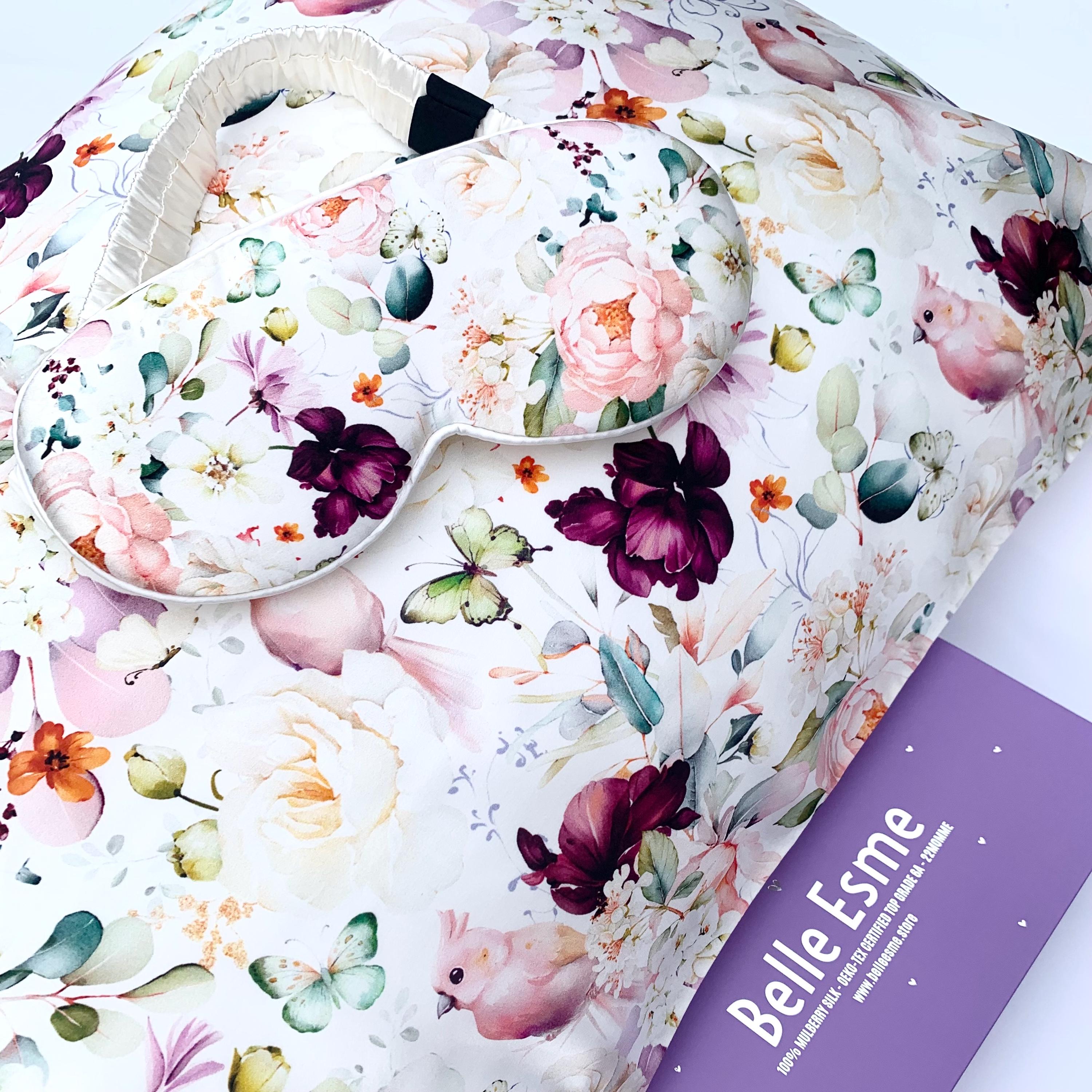 Set of 100% mulberry silk pillowcase and 3D sleep mask, Spring Flowers. Birthday gift, Xmas gift, bridesmaids, anniversary, valentine