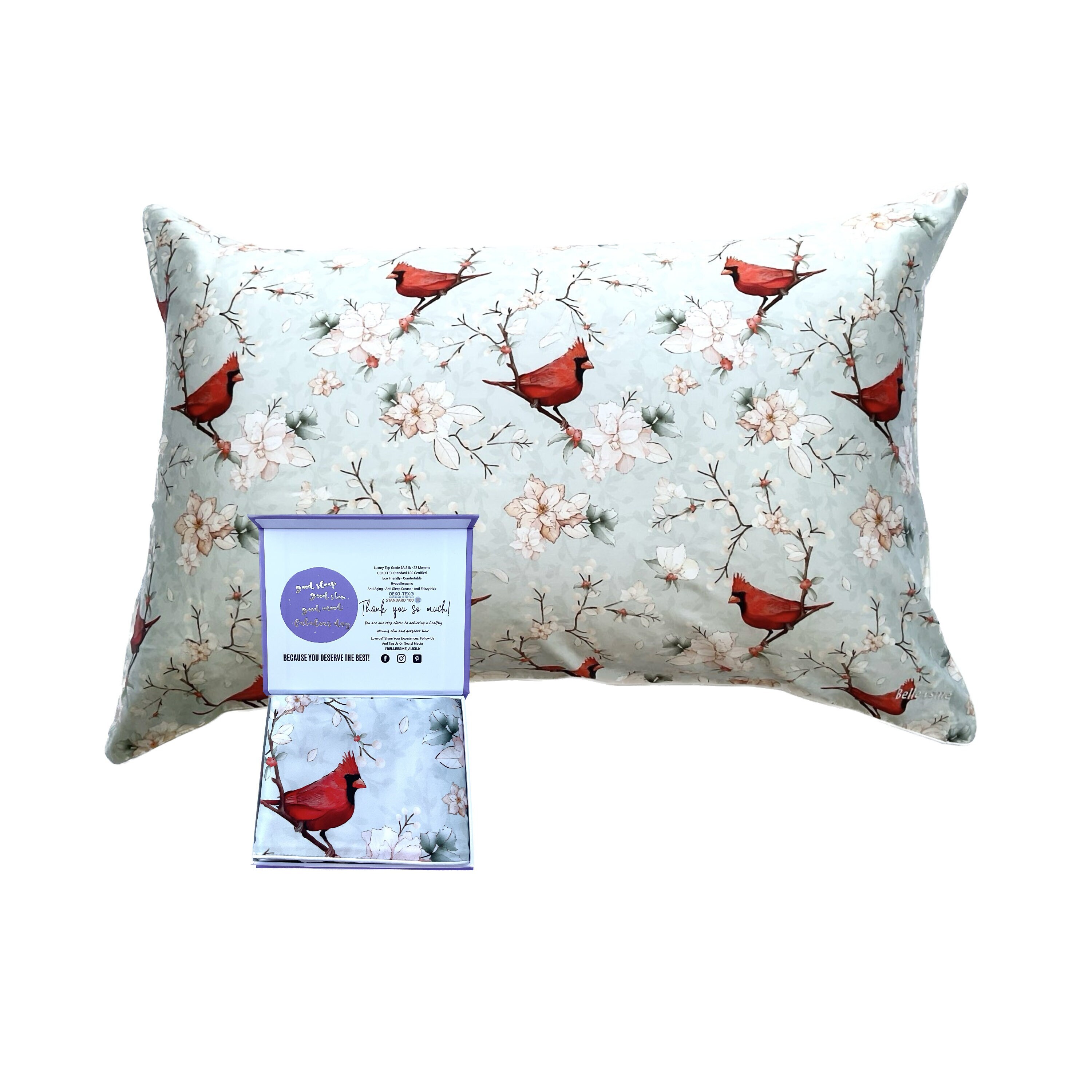 100% Mulberry Silk Pillowcase, size 20x30in, 48x75cm, Xmas Red Cardinal. Anti Aging, birthday gift, Xmas gift, bridesmaids, anniversary.