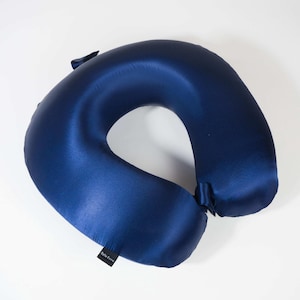 100% Mulberry Silk Memory Foam U shaped Supporting Neck Cushion/ Travel Pillow, Navy. Anti Aging, perfect gift for traveller..
