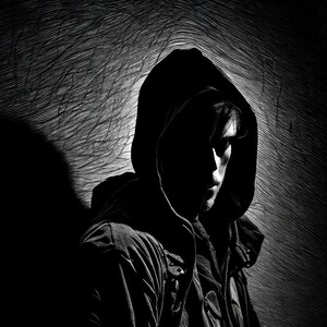 May include: A person wearing a black hooded jacket with the hood pulled up over their head. The person's face is partially obscured by the hood.