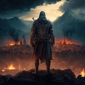 Pode incluir: Uma figura encapuzada está em um afloramento rochoso, olhando para uma cidade em chamas. A cidade está envolvida em chamas, com fumaça subindo no ar. A figura está vestida com roupas escuras e um manto com capuz, e segura uma arma na mão. A cena é escura e dramática, com uma sensação de fatalidade iminente.