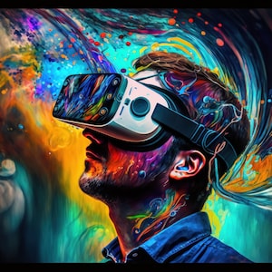 May include: A person wearing a virtual reality headset, with colourful abstract paint splatters and swirls behind them.