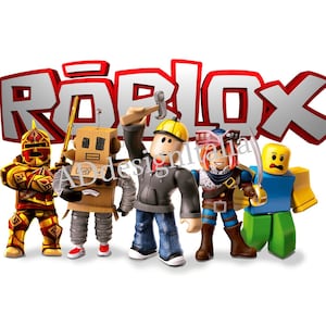 May include: A colorful illustration of the word "ROBLOX" in red and white with six cartoon characters in front of it. The characters are a knight in gold armor, a robot made of cardboard, a construction worker, a pirate, and two people wearing blue and yellow shirts.