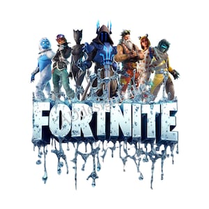May include: A digital illustration featuring the word "FORTNITE" in a stylized, icy font. The word is surrounded by several action figures of characters from the game, with a white background.