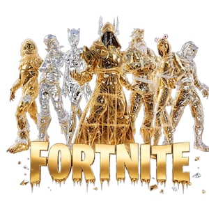 Peut inclure: Un groupe de sept personnages aux finitions métalliques dorées et argentées se tenant derrière le mot FORTNITE écrit en grandes lettres dorées et grasses. Les personnages adoptent diverses poses et portent des armures détaillées.