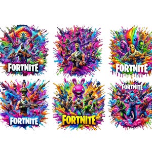 May include: Six colorful Fortnite graphic designs featuring characters and the game's logo. Each design has a vibrant, splash-like background with a variety of characters holding weapons. The word "FORTNITE" is prominently displayed in white.
