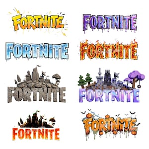 Peut inclure: Une collection de huit variantes du logo Fortnite présentant divers styles graphiques, notamment des éclairs jaunes, de la boue violette, de la glace bleue, des flammes orange, des textures de pierre, des blocs pixelisés, une silhouette sombre et un thème d'Halloween.