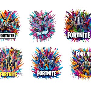 Peut inclure: Six motifs graphiques distincts représentant des personnages de Fortnite sur des fonds d'éclaboussures de peinture multicolores et vibrantes. Chaque illustration intègre le logo Fortnite en texte blanc ou jaune gras, montrant divers avatars.